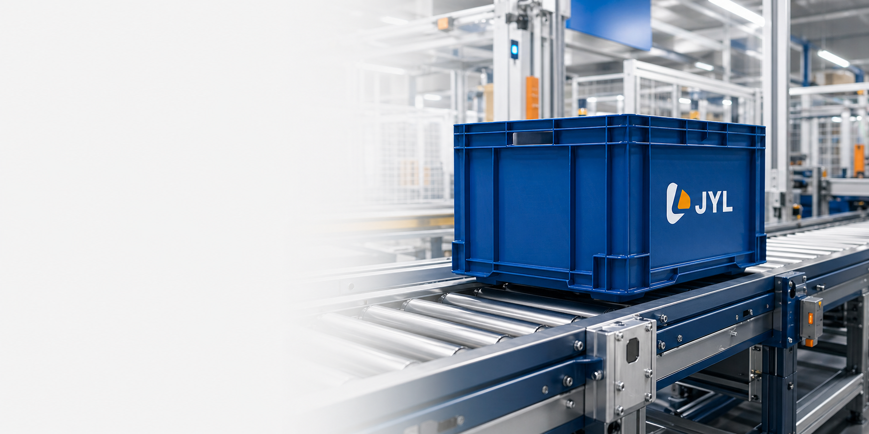Blue industrial tote on an automated conveyor line
